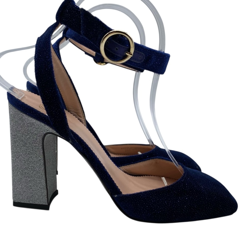 J. Crew Womens Shoes Harlow Heels Sz 7.5 Blue Silver Glitter Party Italy Glam - Picture 2 of 15